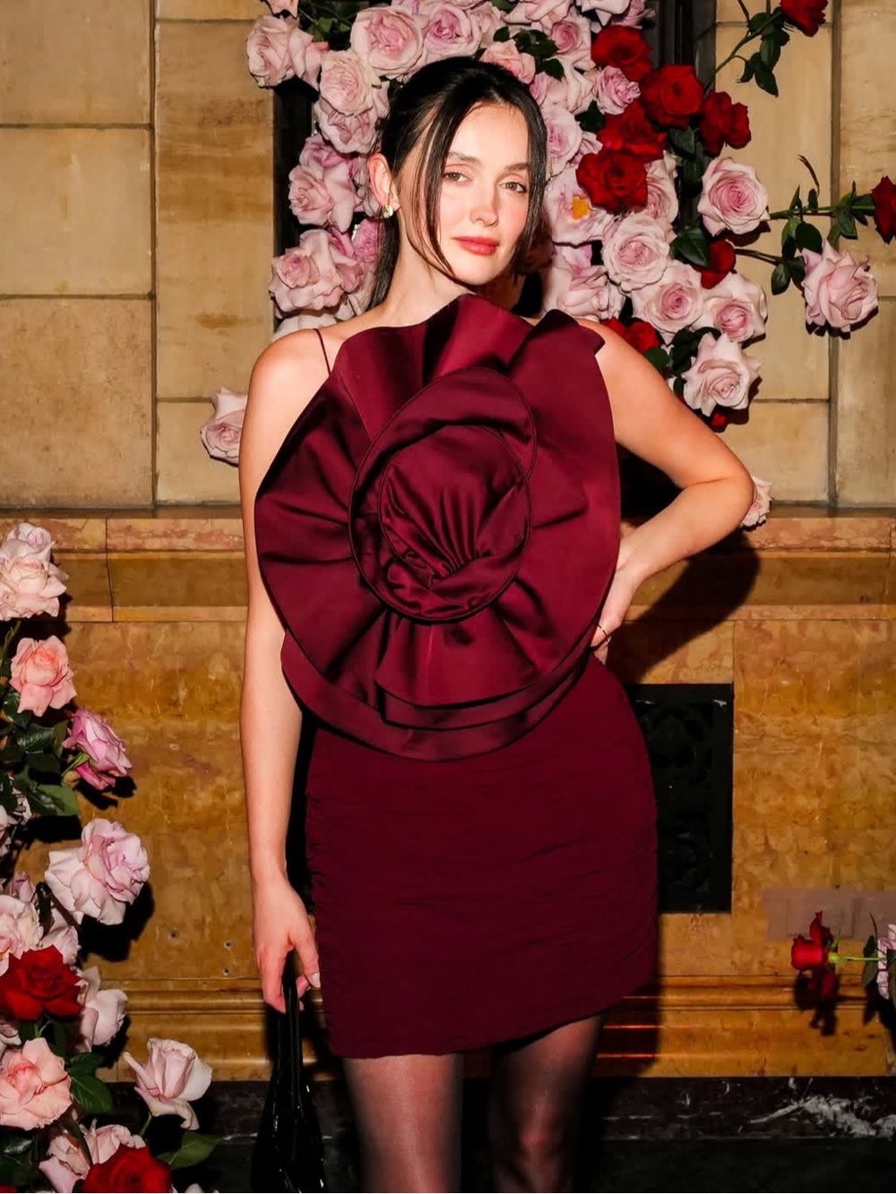 MAGDA BUTRYM H&M
ROSE-APPLIQUÉD GATHERED DRESS
 BURGUNDY
